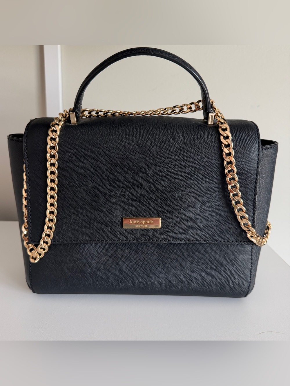 Kate Spade Black Saffiano Leather Flap Crossbody Bag Top Handle Gold Chain